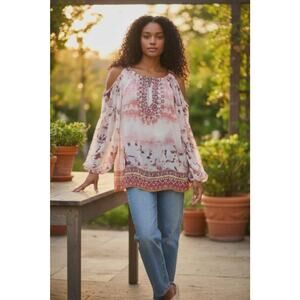 Jennifer Lopez Women's Pink Boho Sheer Bell Sleeve Tunic Top Size 3X Glam Resort